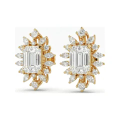 6.01 CTTW Vintage Emerald Cut Lab Grown Diamond Starburst Halo Stud Earrings | Marquise & Round Cluster thumbnail 1