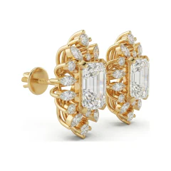 6.01 CTTW Vintage Emerald Cut Lab Grown Diamond Starburst Halo Stud Earrings | Marquise & Round Cluster thumbnail 3