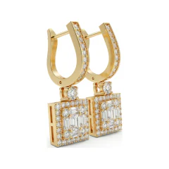2.01 CTTW Lab Grown Diamond Art Deco Baguette Cluster Square Halo Drop Earrings | Pave Huggie Top thumbnail 3