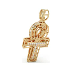 0.8 CTTW Iced Out Pave Diamond Ankh Cross Pendant in 10K Yellow Gold thumbnail 3