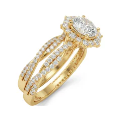 1.96 CTTW Floral Halo Bridal Set with Pave Split Shank Band in 10K Yellow Gold thumbnail 2