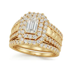 1.78 CTTW Emerald Cut Double Halo Diamond Bridal Set in 10K Yellow Gold thumbnail 1