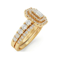 1.36 CTTW Emerald-Cut Double Halo Milgrain Bridal Set in 10K Yellow Gold thumbnail 2