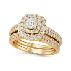 0.86 CTTW Round Double Halo Bridal Set with Pave Band in 10K Yellow Gold thumbnail 1
