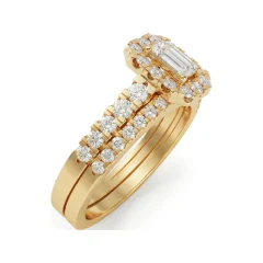 0.82 CTTW Emerald & Radiant Cut Halo Pave Bridal Set in 10K Yellow Gold thumbnail 2