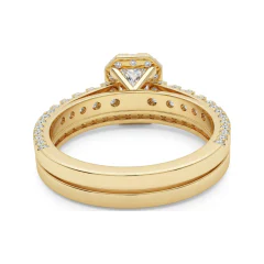 0.82 CTTW Emerald & Radiant Cut Halo Pave Bridal Set in 10K Yellow Gold thumbnail 3