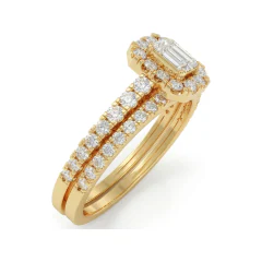 0.8 CTTW Emerald-Cut Halo Bridal Set | Pave Wedding Rings in 10K Yellow Gold thumbnail 2
