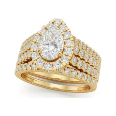 1.87 CTTW Pear Cut Halo Bridal Set with Pave Band in 10K Yellow Gold thumbnail 1