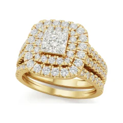 1.81 CTTW Princess Cushion Double Halo Bridal Set in 10K Yellow Gold thumbnail 1