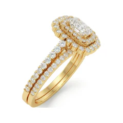 0.99 CTTW Vintage Emerald-Cut Halo Bridal Set with Pave Band in 10K Yellow Gold thumbnail 2