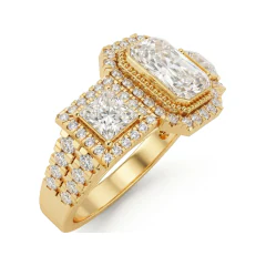 3.27 CTTW Three-Stone Emerald Cut Halo Engagement Ring in 10K Yellow Gold thumbnail 2