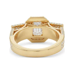 3.27 CTTW Three-Stone Emerald Cut Halo Engagement Ring in 10K Yellow Gold thumbnail 3