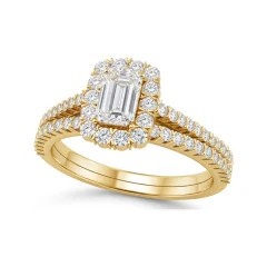 0.67 CTTW Emerald Cut Halo Pave Bridal Set in 10K Yellow Gold thumbnail 1