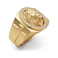 0.53 CTTW Mens Lion Head Halo Statement Ring in 10K Yellow Gold thumbnail 2