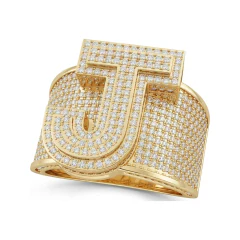 0.95 CTTW Mens Personalized Initial Letter Pave Ring in 10K Yellow Gold thumbnail 1