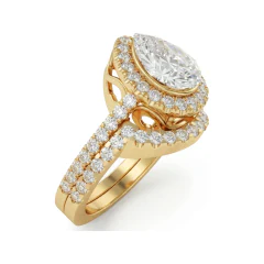 3.17 CTTW Pear Halo Pave Filigree Bridal Set in 10K Yellow Gold thumbnail 2