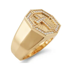0.33 CTTW Diamond Cross Signet Ring for Men in 10K Yellow Gold thumbnail 2