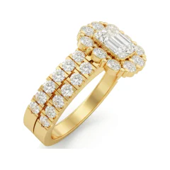 2.24 CTTW Radiant Halo Bridal Set | Flower Cluster Pave Engagement Ring in 10K Yellow Gold thumbnail 2