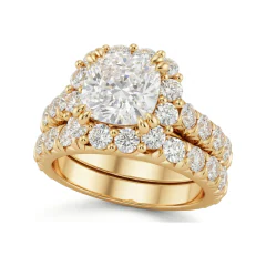 5.12 CTTW Cushion Halo Flower Cluster Bridal Set | Micro-Pave Ring in 10K Yellow Gold thumbnail 1