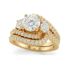 1.99 CTTW Three-Stone Cathedral Bridal Set with Micro-Pave in 10K Yellow Gold thumbnail 1