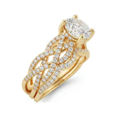 2.42 CTTW Braided Split Shank Bridal Set | Round Solitaire Pave Rings in 10K Yellow Gold thumbnail 2