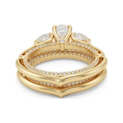3.02 CTTW Oval & Pear Three-Stone Milgrain Bridal Set in 10K Yellow Gold thumbnail 3