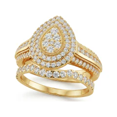 0.83 CTTW Pear Halo Cluster Pave Bridal Set in 10K Yellow Gold thumbnail 1