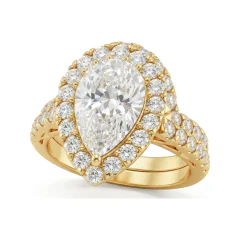 3.08 CTTW Pear Double Halo Bridal Set | Pave Split Shank Ring in 10K Yellow Gold thumbnail 1