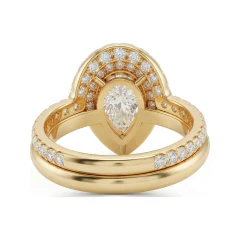 3.08 CTTW Pear Double Halo Bridal Set | Pave Split Shank Ring in 10K Yellow Gold thumbnail 3