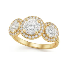 2 CTTW Three Stone Halo Engagement Ring | Round Pave Ring in 10K Yellow Gold thumbnail 1