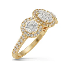 2 CTTW Three Stone Halo Engagement Ring | Round Pave Ring in 10K Yellow Gold thumbnail 2
