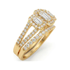 1.27 CTTW Emerald-Cut Three-Stone Halo Bridal Set | Split Shank Pave in 10K Yellow Gold thumbnail 2