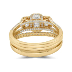 1.27 CTTW Emerald-Cut Three-Stone Halo Bridal Set | Split Shank Pave in 10K Yellow Gold thumbnail 3