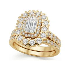 1.8 CTTW Emerald-Cut Vintage Halo Bridal Set | Flower Cluster Ring in 10K Yellow Gold thumbnail 1