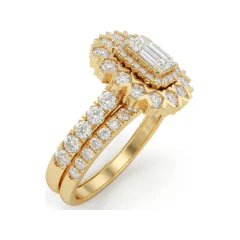 1.8 CTTW Emerald-Cut Vintage Halo Bridal Set | Flower Cluster Ring in 10K Yellow Gold thumbnail 2