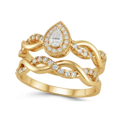 0.29 CTTW Pear Halo Bridal Set | Twisted Rope Diamond Engagement Rings in 10K Yellow Gold thumbnail 1