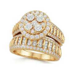 2.33 CTTW Halo Cluster Bridal Set with Baguettes | Wide Band in 10K Yellow Gold thumbnail 1