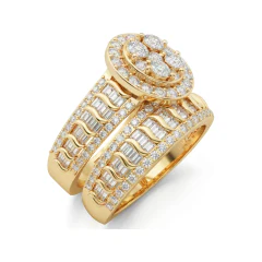 2.33 CTTW Halo Cluster Bridal Set with Baguettes | Wide Band in 10K Yellow Gold thumbnail 2