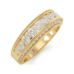 1.1 CTTW Milgrain Half-Eternity Band | Pave Edge Round Diamond Ring in 10K Yellow Gold thumbnail 2