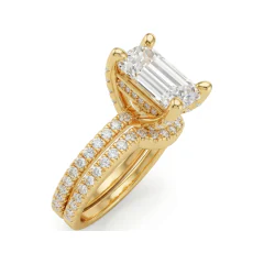 4.06 CTTW Emerald-Cut Solitaire Bridal Set with Pave Band in 10K Yellow Gold thumbnail 2