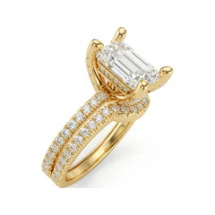 3.31 CTTW Radiant Cut Hidden Halo Bridal Set in 10K Yellow Gold thumbnail 2