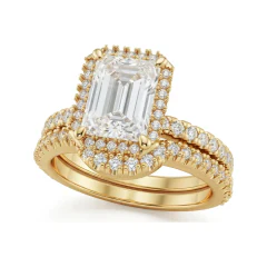 2.41 CTTW Radiant-Cut Halo Bridal Set | Pave Diamond Engagement Ring in 10K Yellow Gold thumbnail 1