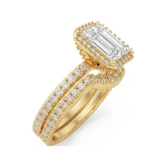 2.41 CTTW Radiant-Cut Halo Bridal Set | Pave Diamond Engagement Ring in 10K Yellow Gold thumbnail 2