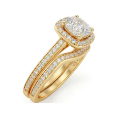 1.12 CTTW Cushion Cut Halo Bridal Set with Micro-Pave in 10K Yellow Gold thumbnail 2