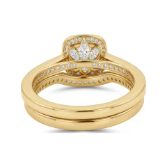 1.12 CTTW Cushion Cut Halo Bridal Set with Micro-Pave in 10K Yellow Gold thumbnail 3