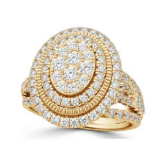 1.17 CTTW Double Halo Cocktail Ring | Round Pave Cluster Statement Ring in 10K Yellow Gold thumbnail 1