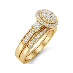 0.85 CTTW Princess Halo Cluster Bridal Set | Micro-Pave Diamond Ring Set in 10K Yellow Gold thumbnail 2