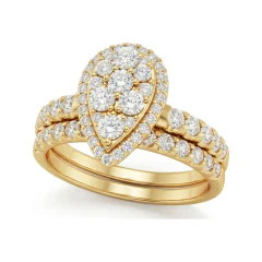 1.01 CTTW Pear Halo Bridal Set | Pave Round Diamond Ring Set in 10K Yellow Gold thumbnail 1
