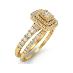 0.77 CTTW Princess Double Halo Bridal Set | Pave Wedding Rings in 10K Yellow Gold thumbnail 2