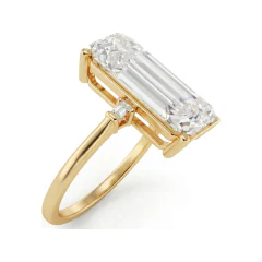 3.41 CTTW Emerald Cut Three Stone Ring | Baguette Accent Ring in 10K Yellow Gold thumbnail 2